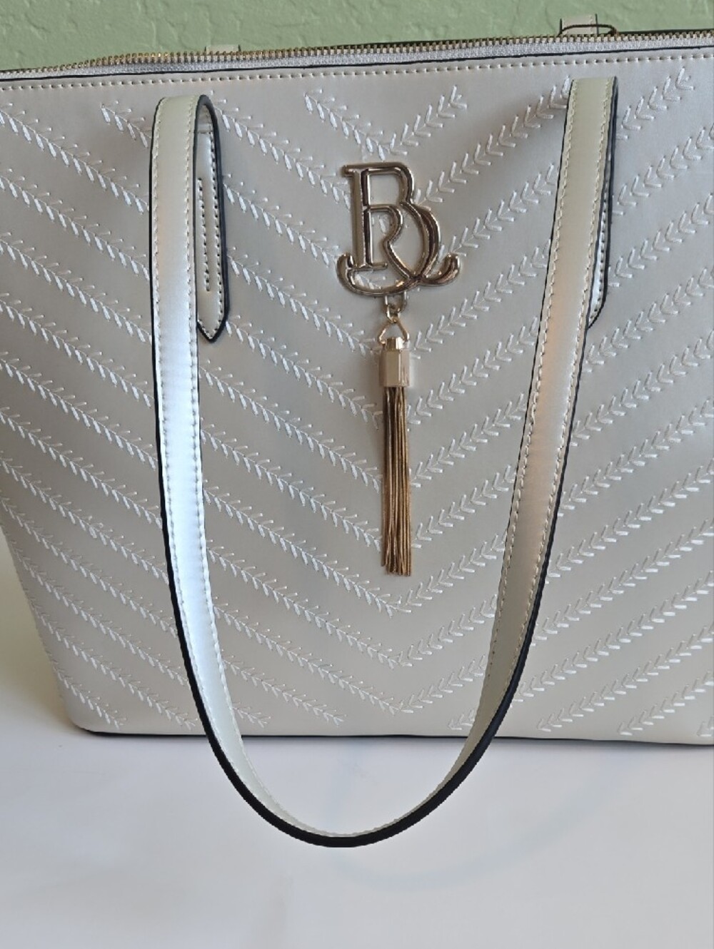 Silver Chevron Embossed Work Tote Bag NWT Large Shoulder Purse Brangio Italy NWT - Picture 10 of 12